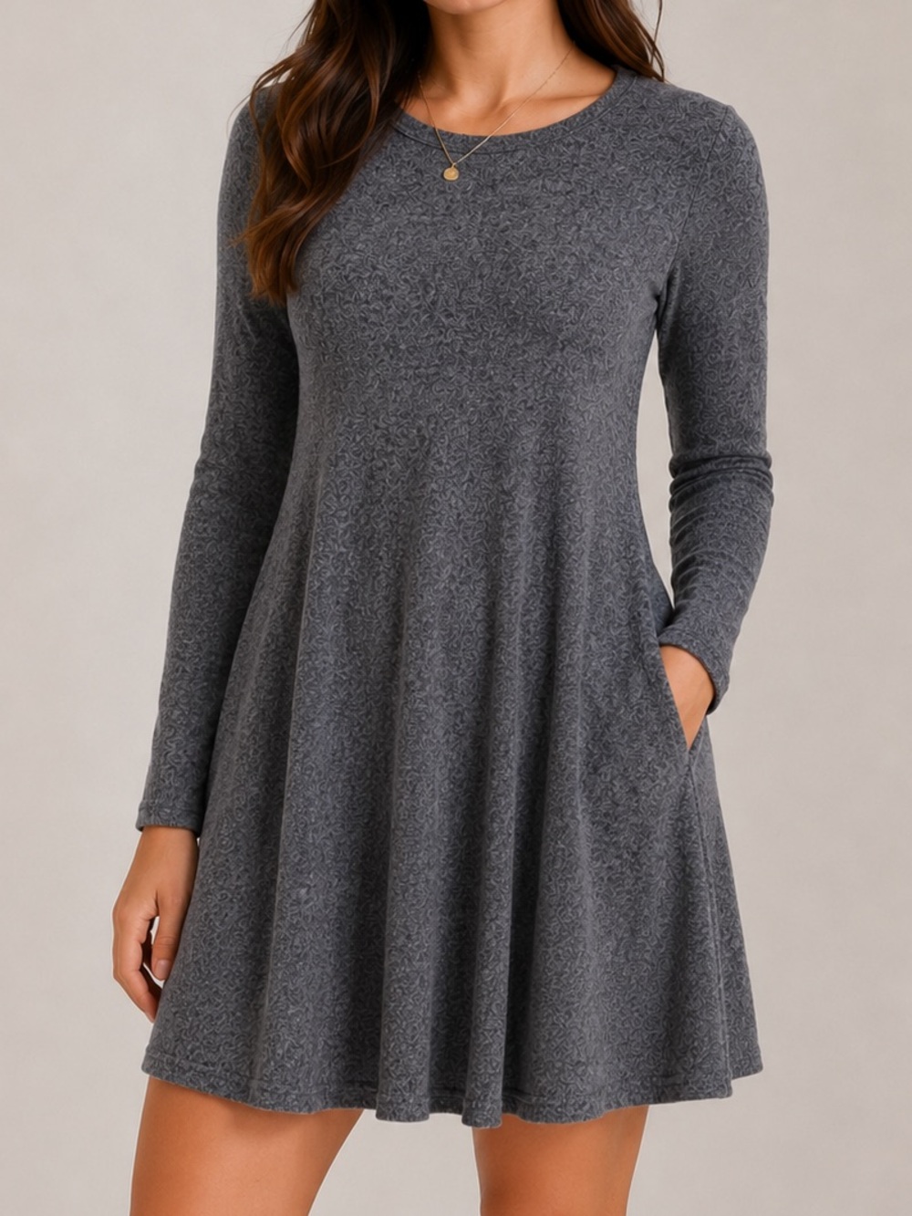 Alya Soft Stretch Knit Long Sleeve A-Line Mini Dress Grey Medium